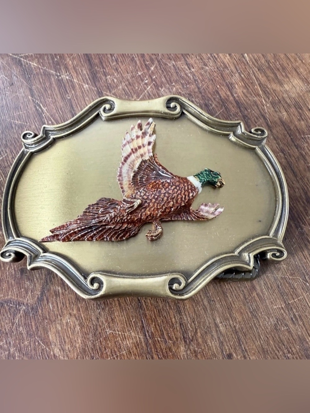 Vintage 1978 Pheasant Bird Western Brass Belt Buckle Raintree Made in USA